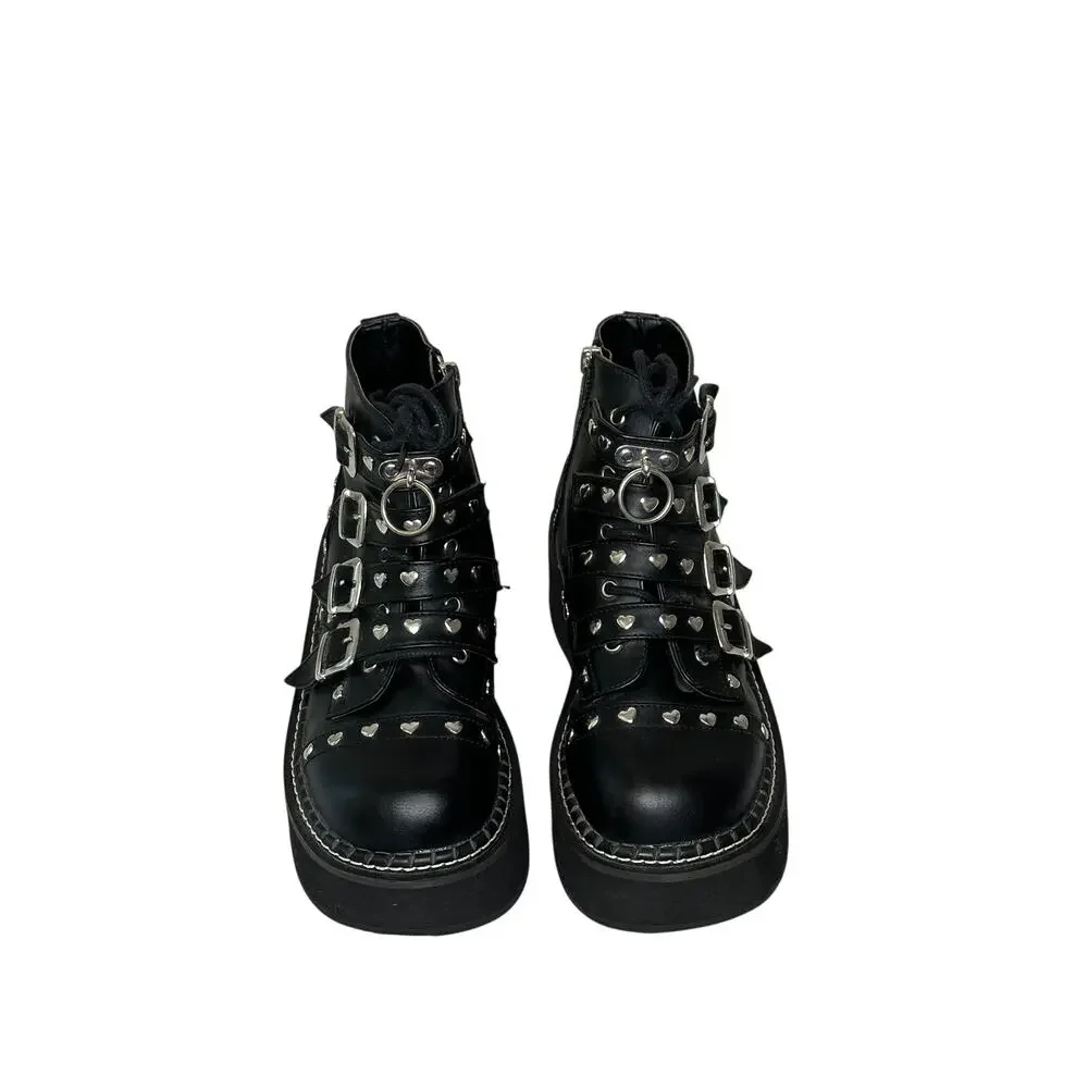 Demonia Emily 315 Boots Womens 7 Black Platform Heart Studs Buckle Strap Lace Up